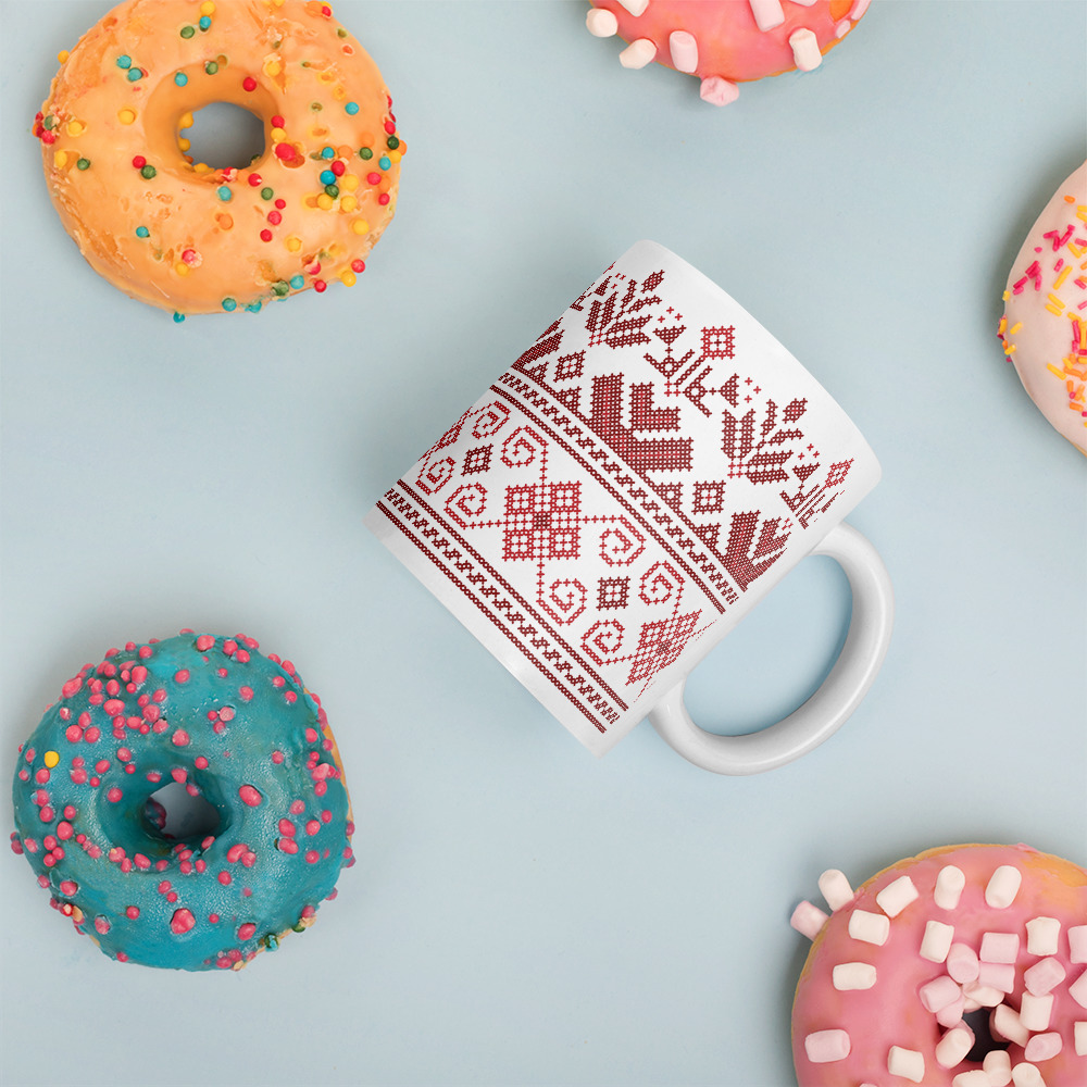 Palestinian Tatreez Gift Mug Traditional Red Embroidery Pattern#11 - Image 3