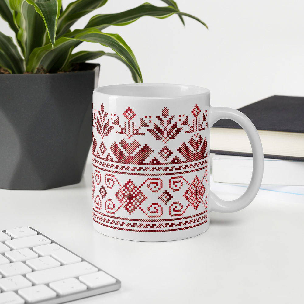 Palestinian Tatreez Gift Mug Traditional Red Embroidery Pattern#11